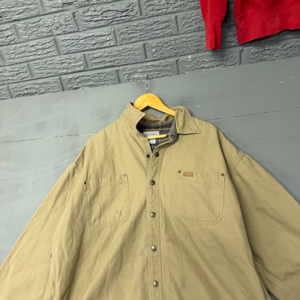 Carhartt‎ Mens XL Tan Flannel Lined Canvas Work Shirt Jacket Button Up Plaid